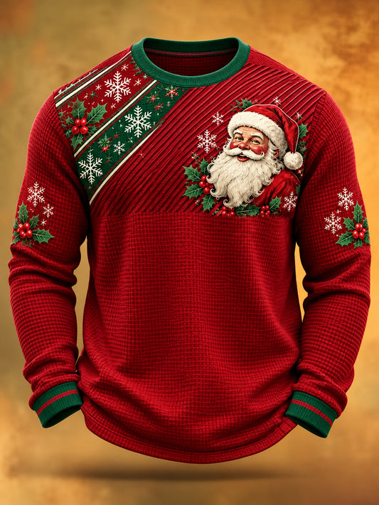 Men's Christmas Santa Claus Print Casual Waffle Long Sleeve T-Shirt