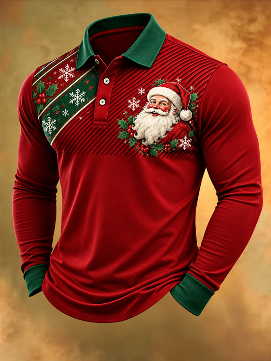 Men's Christmas Santa Claus Print Casual Long Sleeve Polo