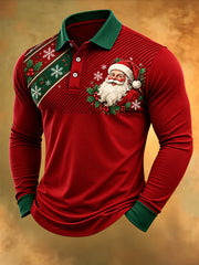 Men's Christmas Santa Claus Print Casual Long Sleeve Polo