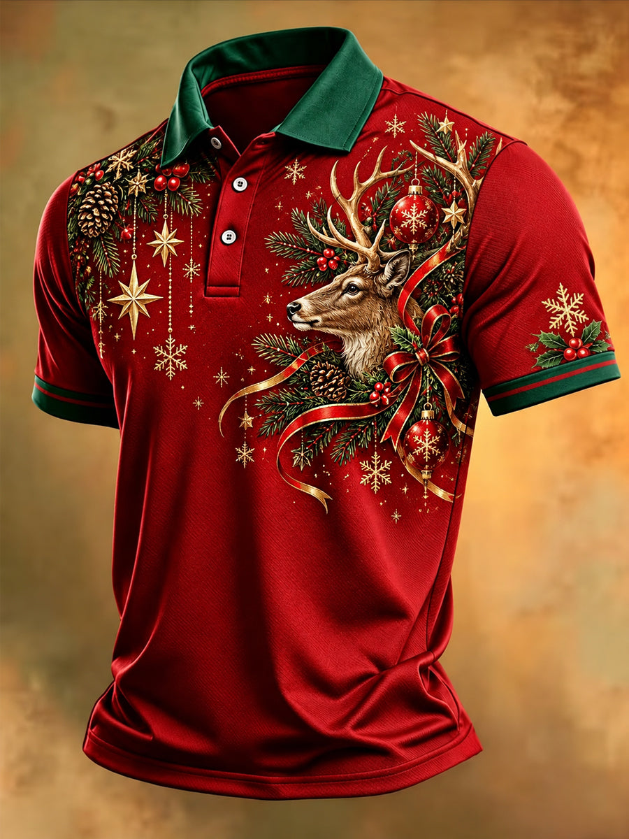 Men's Christmas Reindeer Print Casual Polo Shirt