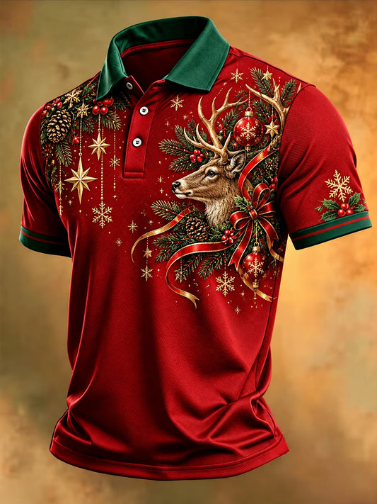 Men's Christmas Reindeer Print Casual Polo Shirt