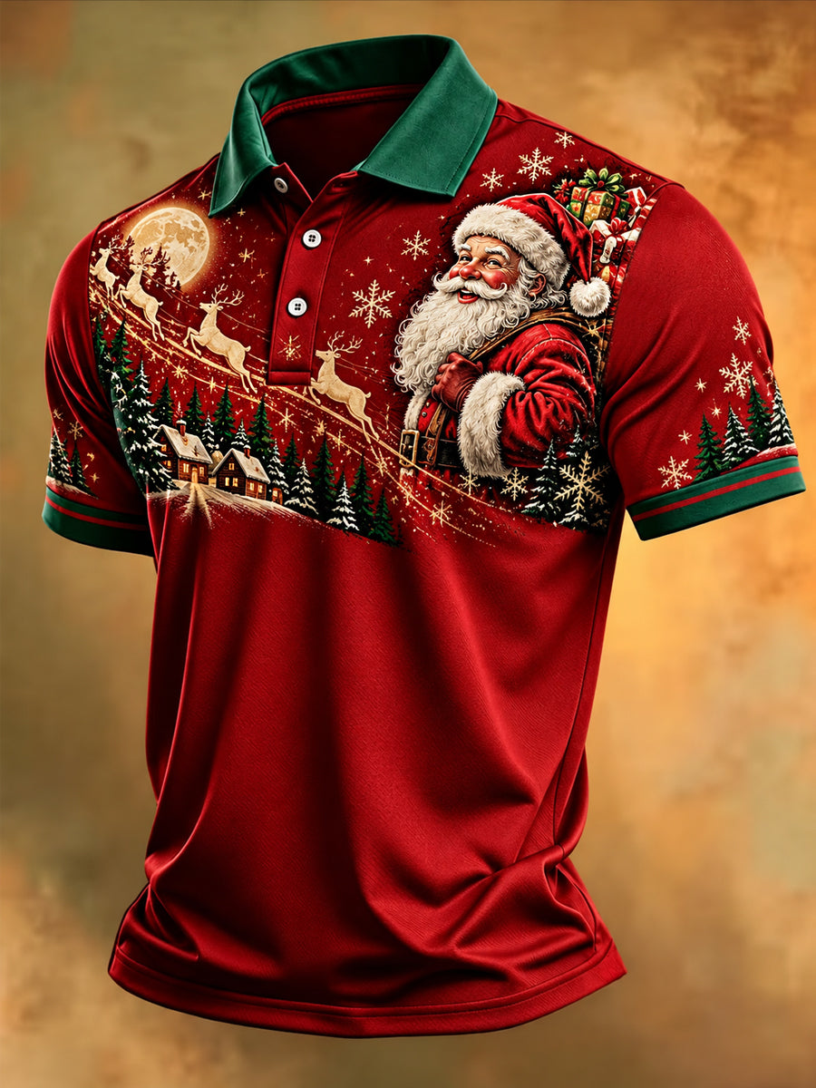 Men's Christmas Santa Claus Print Casual Polo Shirt