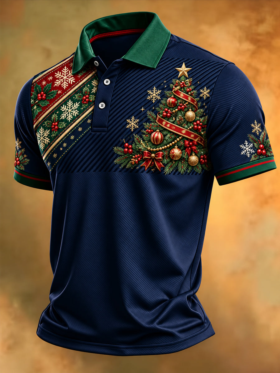 Men's Christmas Tree Print Casual Polo Shirt