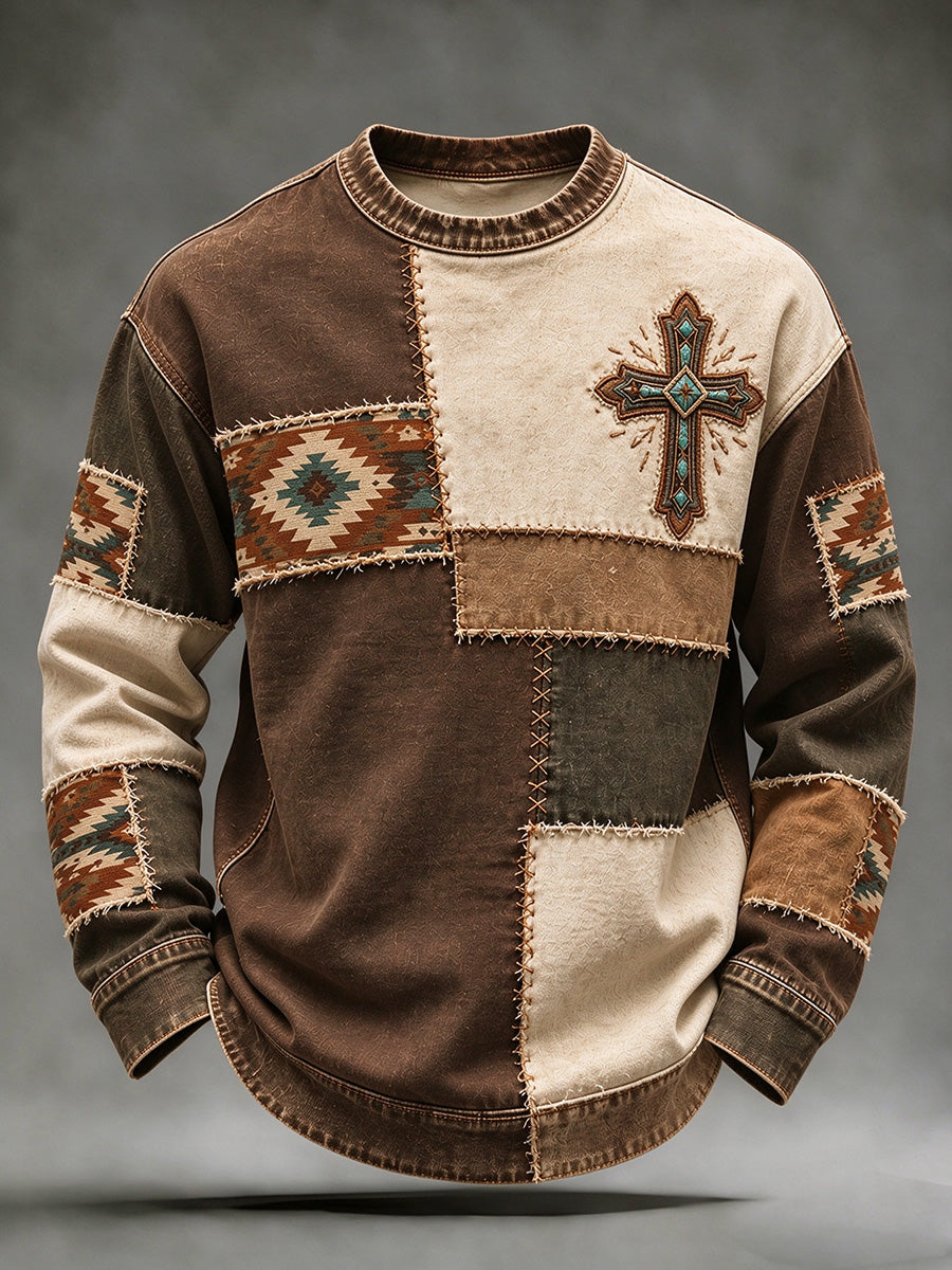 Men's Vintage Western Patchwork Cross Print Sweatshirt