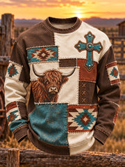 Men's Vintage Western Patchwork Cross Print Sweatshirt