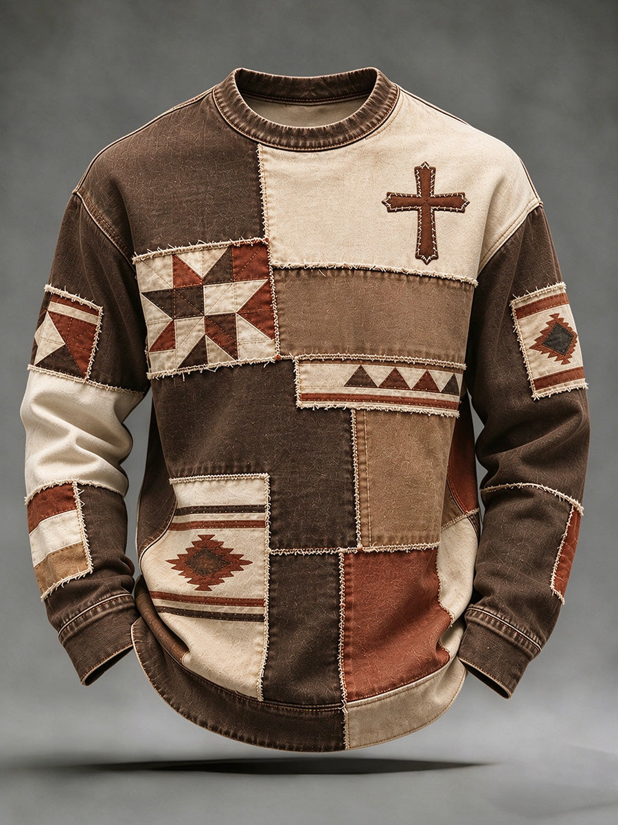 Men's Vintage Western Patchwork Cross Print Sweatshirt
